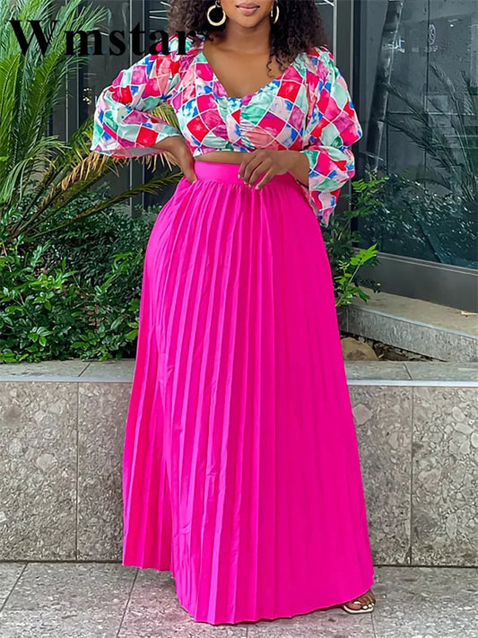 Maxy Women Two Piece Set Fashion Autumn V Neck Long Sleeve Print Blouse Pleated High Waist Long Skirt Elegant Two Piece Suit