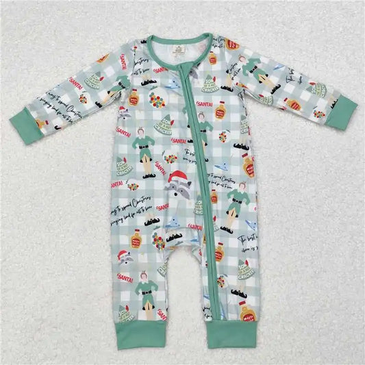 Maxy Winter Fashion Match Children Christmas Cane Green and White Plaid Long Sleeve Long Pants Pajama Set Wholesale Pajamas Romper