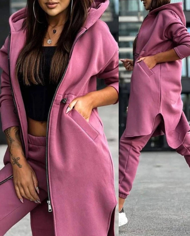 Maxy Women's Sweatpants Sets New Autumn/winter Fashion Zipper Design Longline Hooded Coat & Casual Cuffed Pants Two Piece Suit