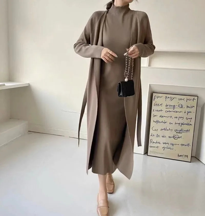 Maxy New Vintage 2 Piece Sets Women Outfit Autumn Winter Knit Long Sleeve Long Cardigan Coat + Half High Collar Camisole Dress Suit