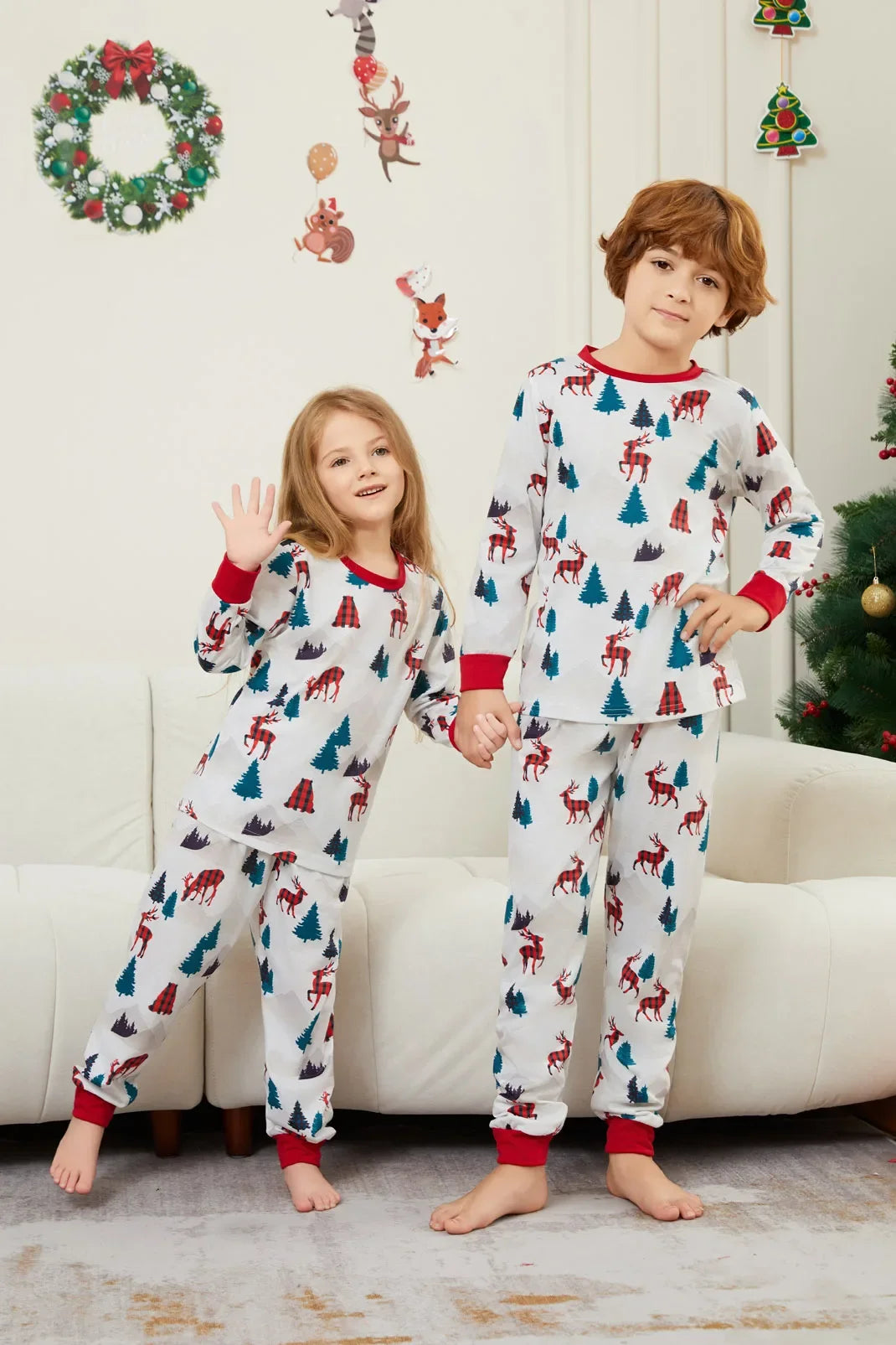 Maxy Cartoon All Over Print Christmas Pajamas Set Family Matching Outfits Cute Baby Dog Romper Pjs Soft Loose Sleepwear Xmas Pjs