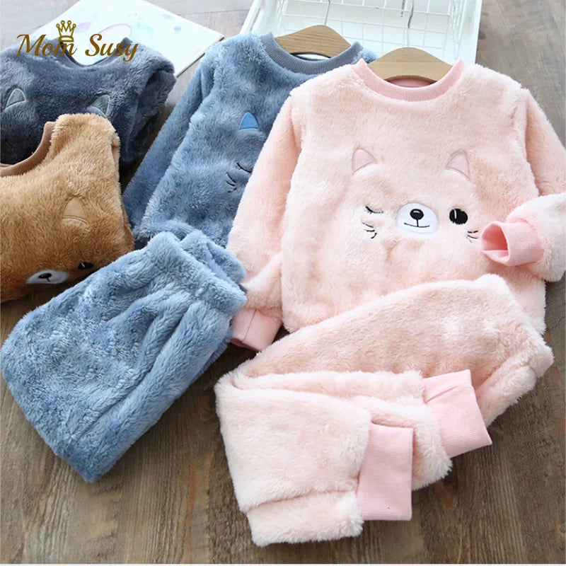 Babs Boy Girl Clothes Pajamas Set Flannel Fleece Toddler Child Warm Catoon Bear Sleepwear Kids Home Suit Winter Fall Spring 1-8Y
