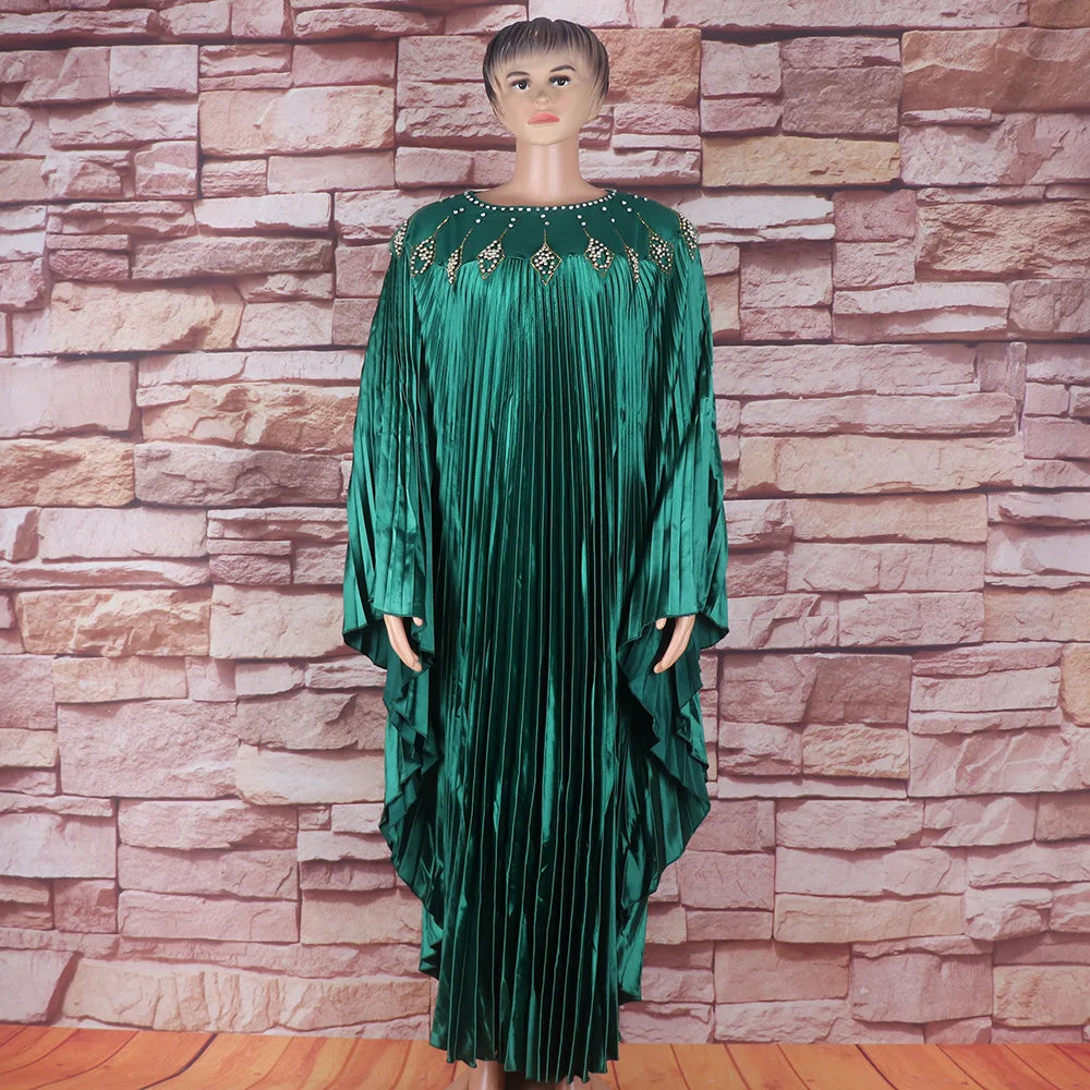 Maxy Women Pleated Diamonds Loose Maxy Evening Dress Djellaba Boubou Robe African Ankara Dashiki Dubai Turkey Abaya Kaftan Party Gown
