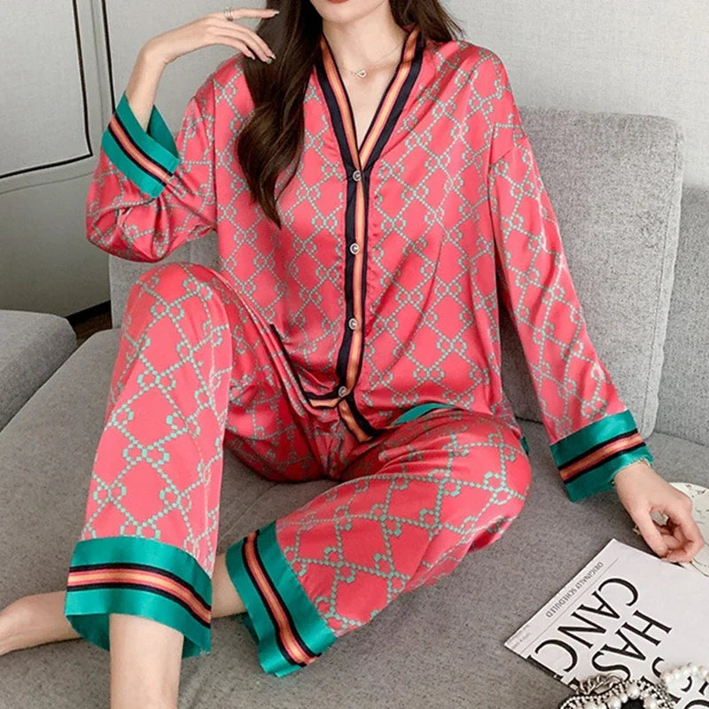 Maxy Ladies Pajamas Spring Autumn Faux Silk Pajama Sets Long Sleeve Cardigan Sleepwear Luxury Women's Pijamas Fashion Pyjamas