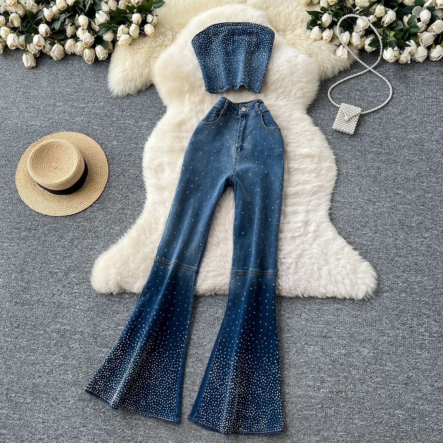 Maxy Denim Pant Set Women Two Piece Sets Sexy Matching Sets Sleeveless Short Tops Long Flare Pants High Waist Slim Hot Diamond