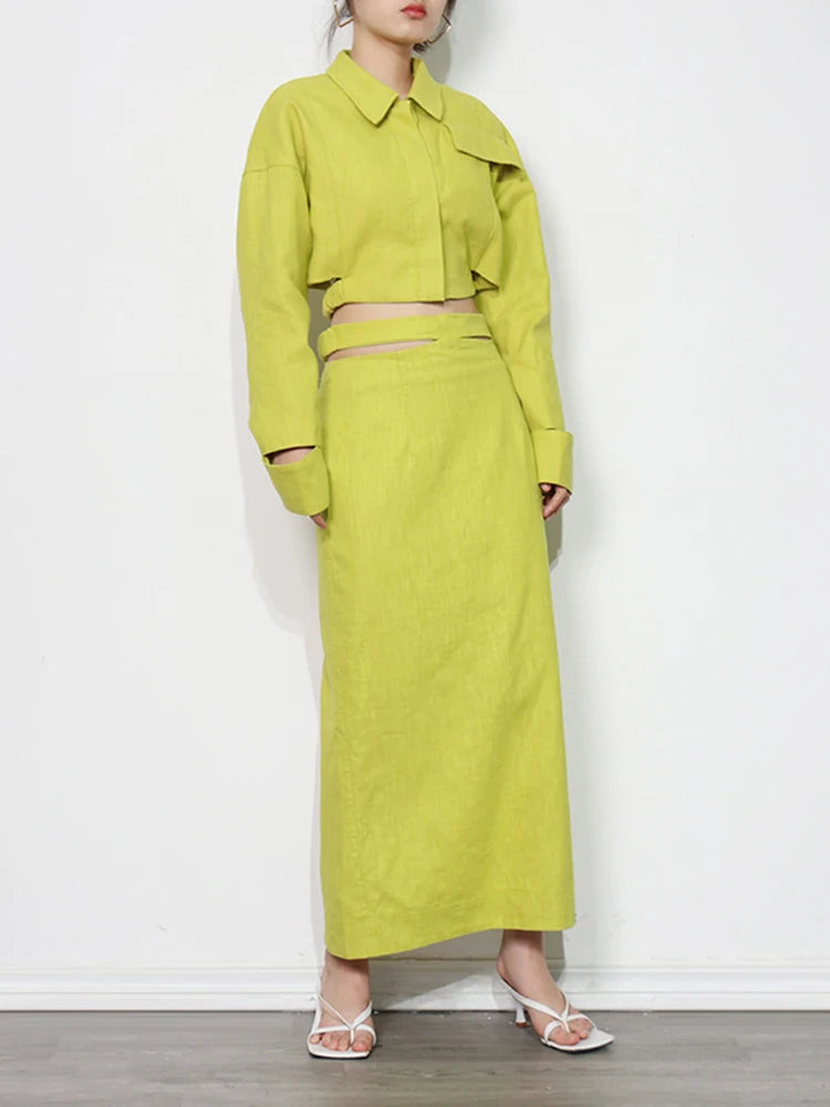 Maxy TWOTWINSTYLE Solid Casual Two Piece Set For Women Lapel Collar Long Sleeve Short Top High Waist Slim Skirt Female Fashion