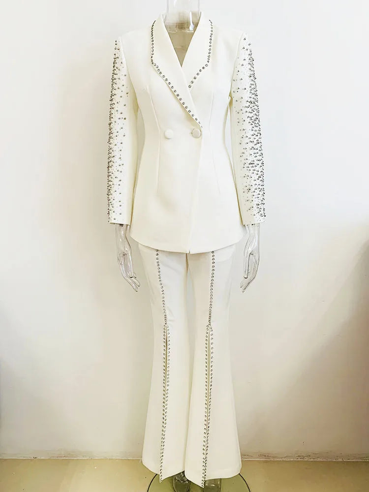 Amay HIGH STREET Newest Designer Suit Set Women's Stunning Diamonds Metal Ball Beaded Slit Pants Suit 2pcs