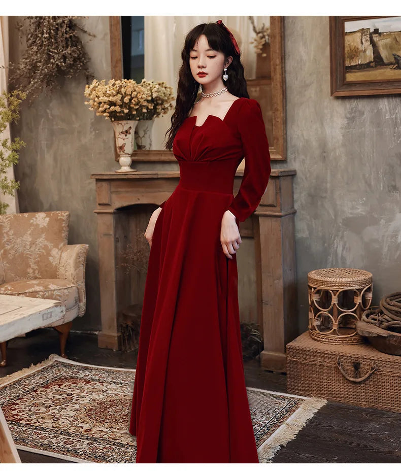 Babs Elegant Long sleeved Office Dress Wine Red Autumn Square Collar A-line Long Skirt Formal Party Wedding Bridesmaid Ball Dress