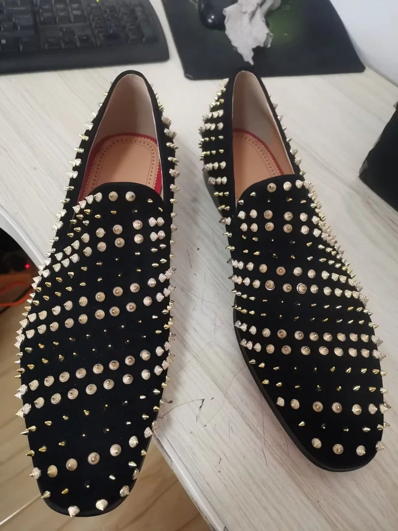 Amay New Black Suede Loafers Men Rivet Shoes Fashion Leather Formal Shoes For Men Italian Slip On Dress Shoes Party Mens Shoes