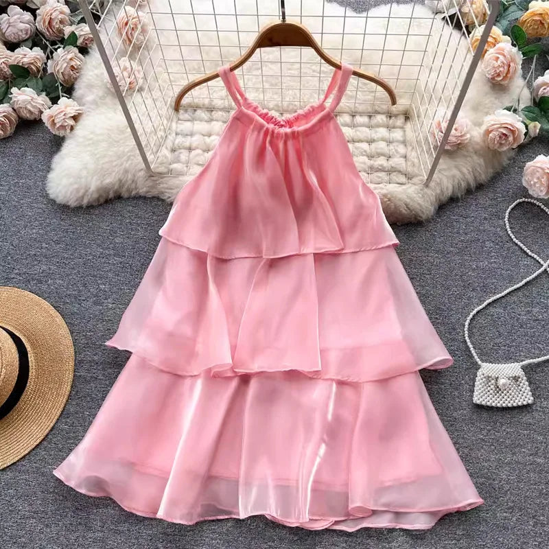 WAKUTA Summer Elegant Neck Hanging Sleeveless Ruffle Edge Dresses Casual Patchwork Ruffle Edge Sweet Cake Vestido Elegante Mujer