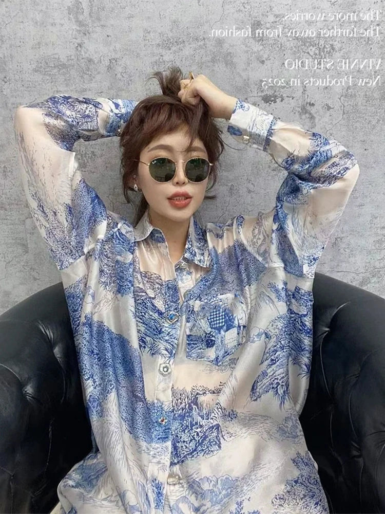 Maxy Spring Summer Thin Elastic Waist Shorts Suit Fashion Loose Lazy Two Piece Set Loose Shirts Print Casual Women Outfits