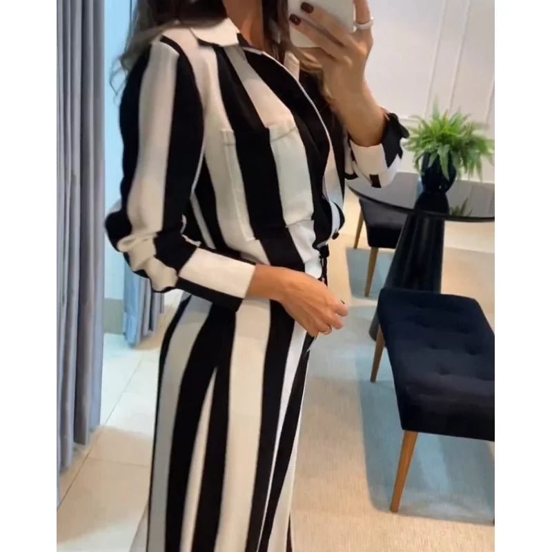 Maxy European and American Autumn Leisure Fashion Black and White Striped Button Pocket Design Shirt Wide Leg Pants Two-Piece Set