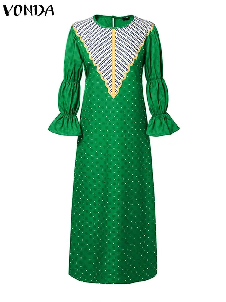 VONDA Elegant Dress Women Long Puff Sleeve Maxi Sundress 2024 Bohemian Printed Vintage Casual Loose Bandage Party Vestido Robe