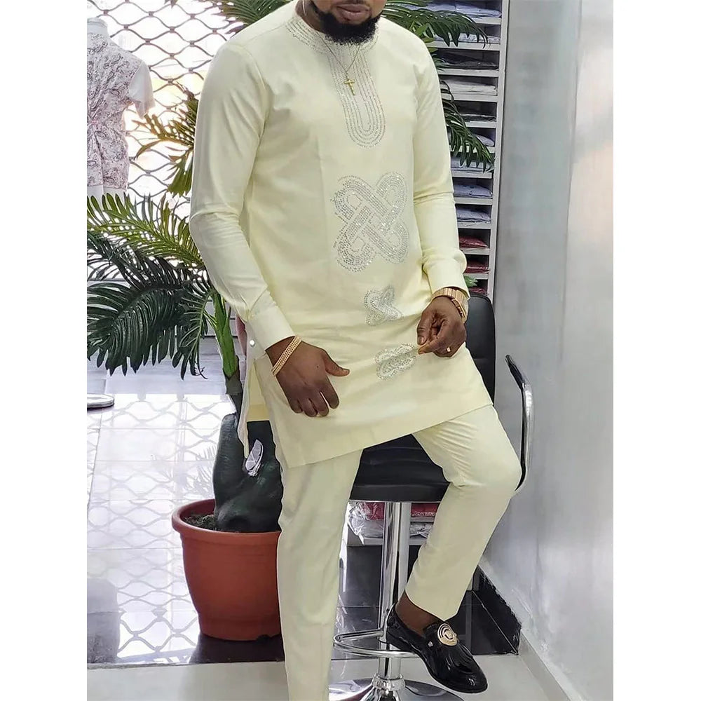 Maxy New African Traditional Men's Set Round Neck Long Sleeve Yellow Luxury Two Piece Dashiki Wedding Party Festival Men's Suit