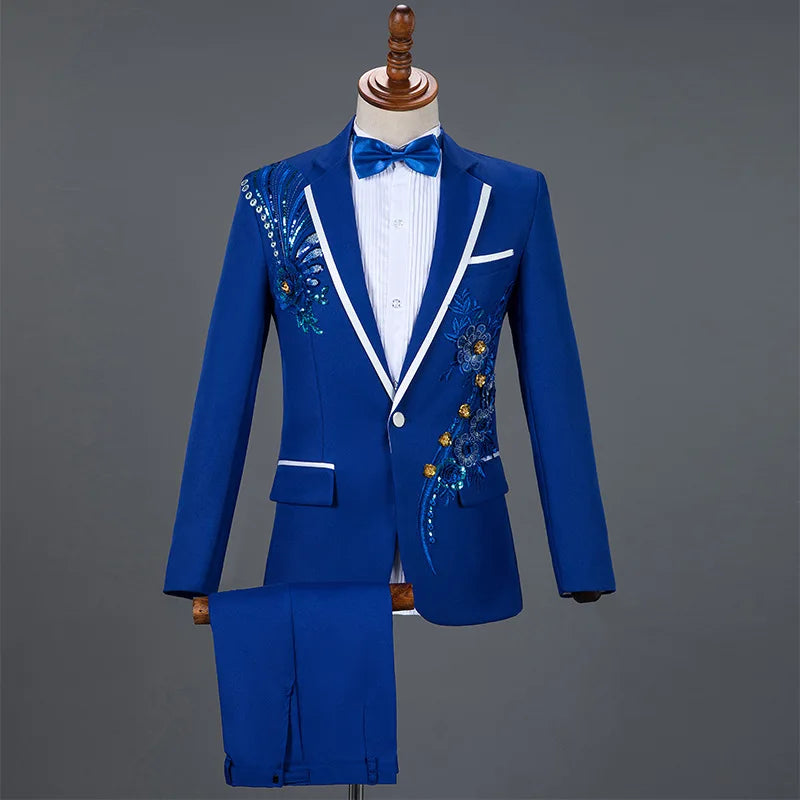 Amay Royal Blue Sequin Embroidery Suit Men Wedding Groom Tuxedo Suits Pants Mens One Button Peak Lapel Stage Costume Traje Hombre 2XL