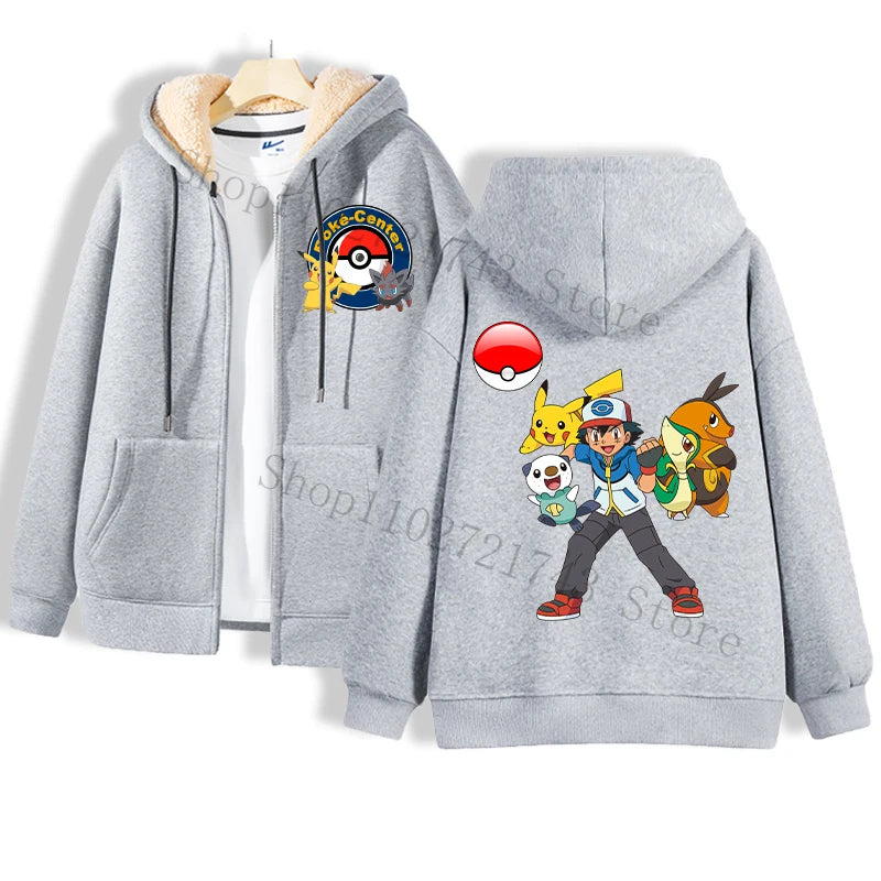 Maxy Pokémon Lamb Wool Coat for Men Women Pikachu Anime Cartoon Fashion Zipper Hooded Jacket Boys Girls Winter Warm Hip Hop Coats