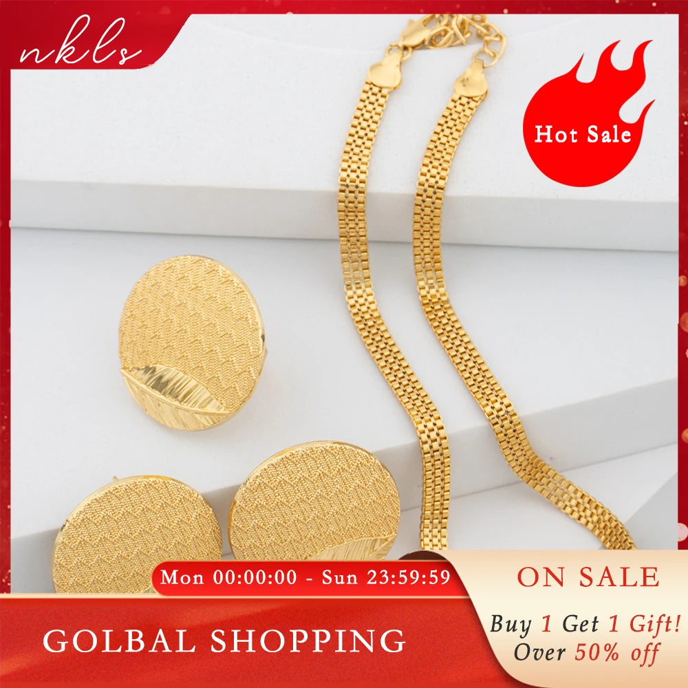 Maxy Necklace Dubai Fashion Trendy Earrings Set Simple Chain African Gold Color Earrings and Rings Set For Lady Wedding Jewellery
