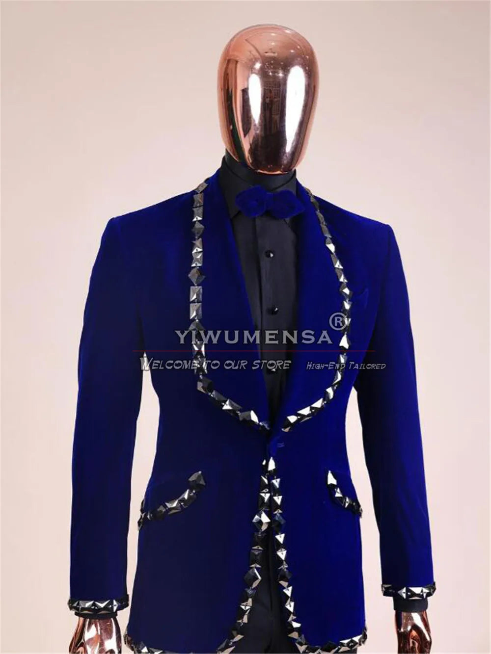 Visco Royal Blue Velvet Wedding Suits for Men Slim Fit Crystals Beaded Jacket with Black Pants 2 Pieces Set Groom Prom