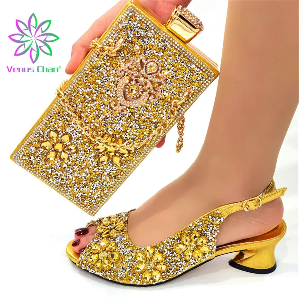 Maxy Design Shoes with Matching Bags for Wedding High Heels Women Wedding Shoes Decorated with Rhinestone Shoe and Purse Set