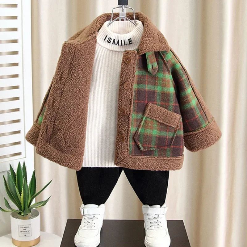 Visco Boys Woolen Coats Jackets Plus Thicken Perfect Warm Velvet Winter Autumn Cotton Sport Tracksuit Teenagers Children's Clothi