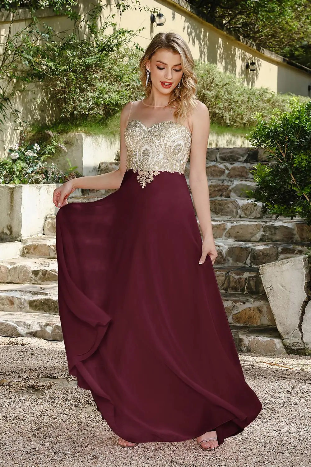 Maxy BABYONLINE Wedding Party Dress Long Lace Chiffon Evening Dresses Illusion A-line Sweetheart Beaded Elegant Formal Prom Gowns