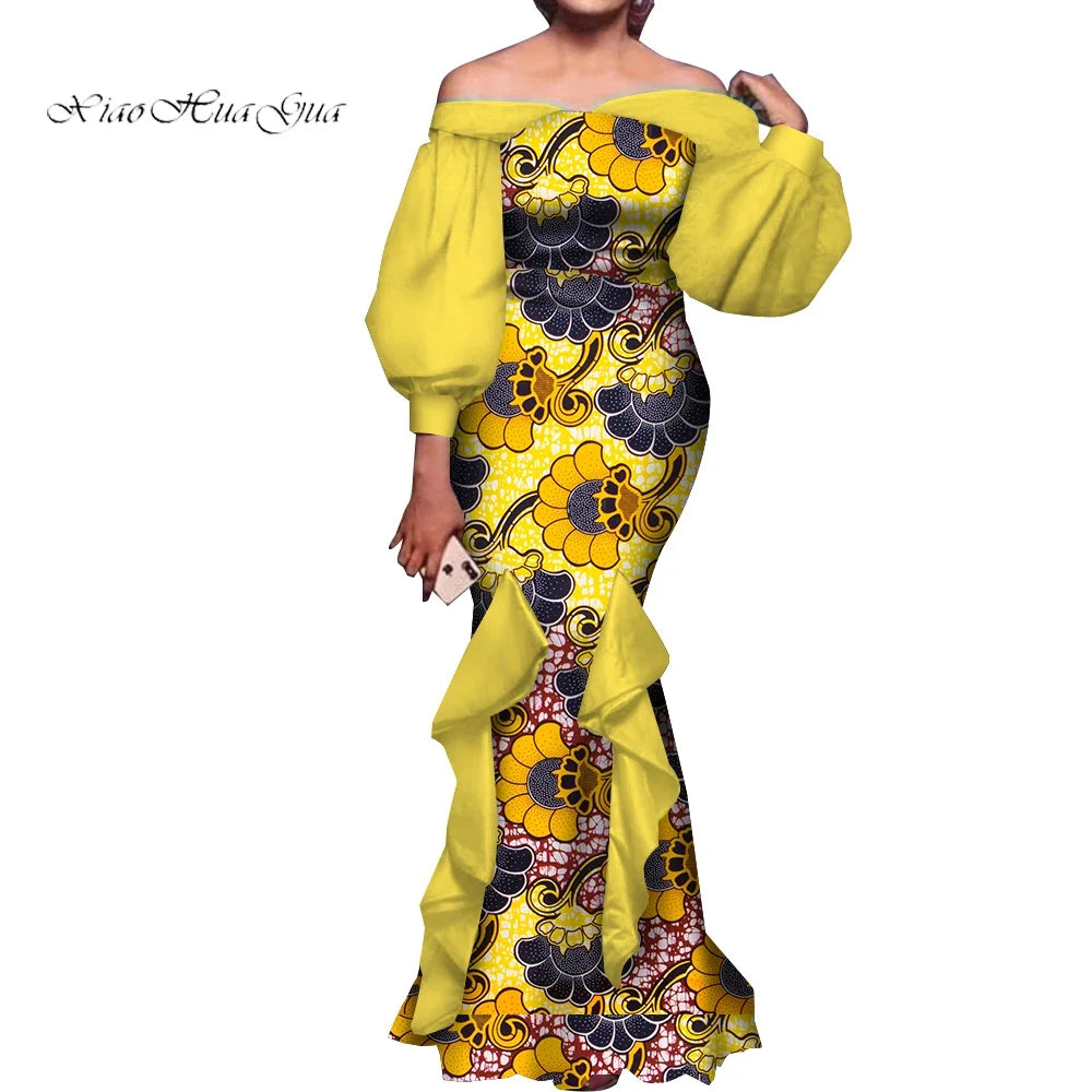 Amay Fashion Women Ankara Dresses Flash Neck Puff Sleeve Long Dress African Dress Robe Africaine Femme Evening Mermaid Dress WY1848