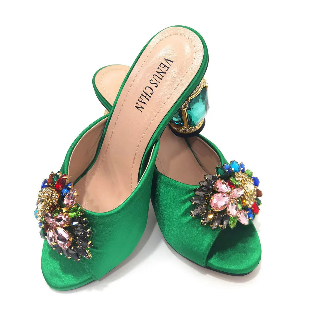 Maxy Latest Green Color Pumps Shoe Summer High Heels Italy Women Wedding Shoes Rhinestone Elegant Women Summer Slipper Shoes