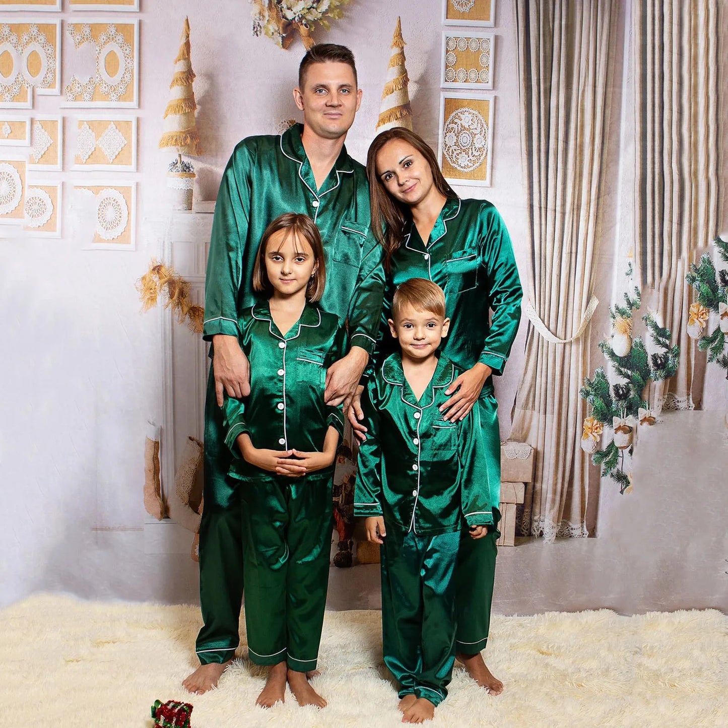 Christmas Sleepwear Family Pajamas Set Silk Satin Adult Women Kids Family Matching Clothes Children Female Sleep Two Piece Set 4