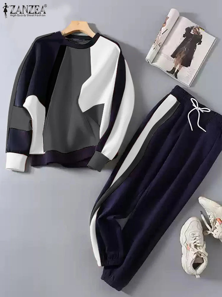 Maxy Fall Loose Tracksuits Long Sleeve Sweatshirts Sweatpants Casual Color Block 2pcs Outfits Streetwear Women Pant Sets