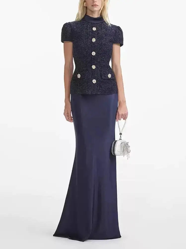 Maxy Formal Luxury Evening Dresses Women Summer Autumn Single Breasted Crystal Satin Tweed Long Dress Blue Party Dinner