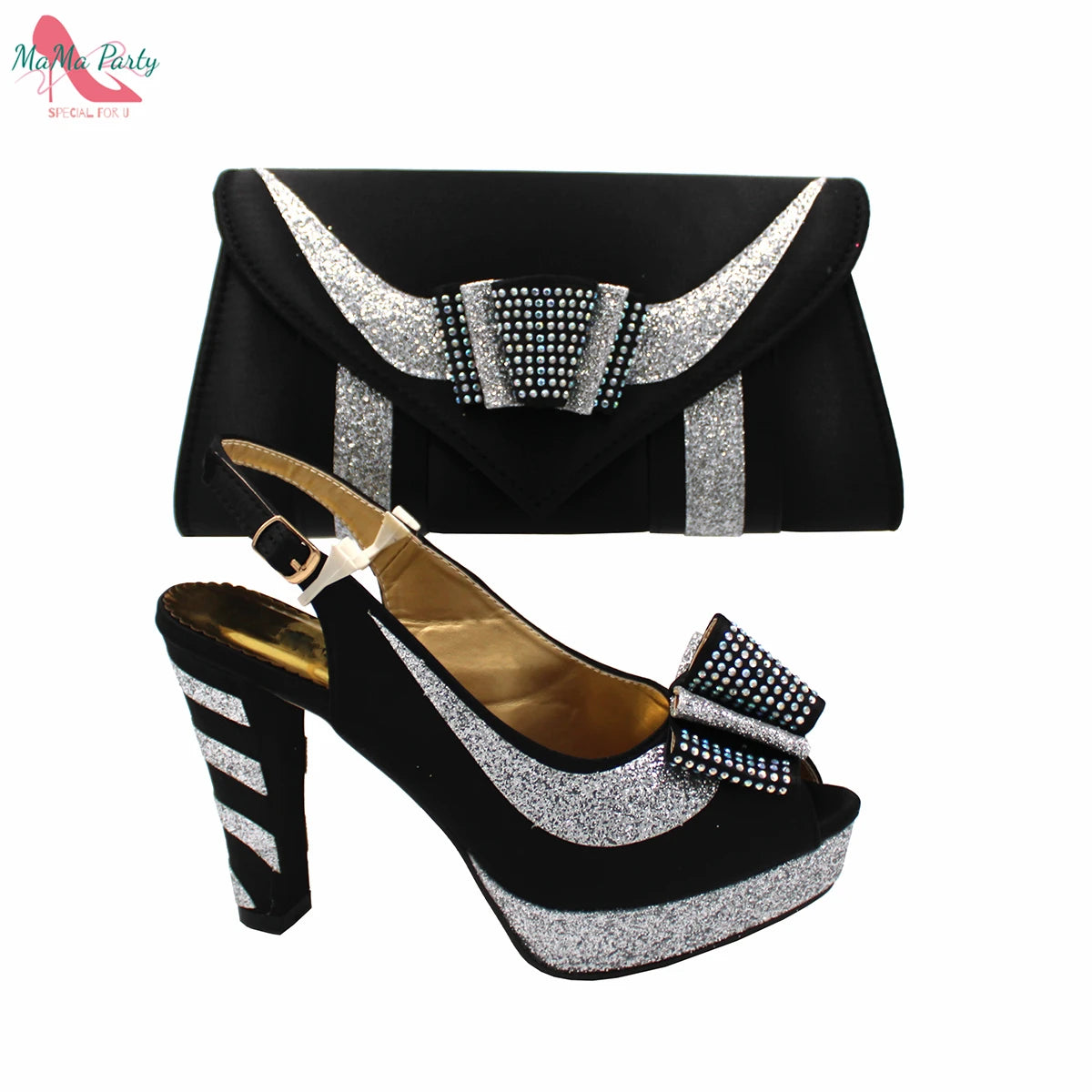 Momsey 2024 Specials Design Black Color Nigerian Women Shoes and Bag Set High Quality Slingback Sandals with Appliques for Wedding