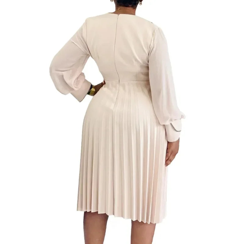 Maxy Elegant A-line Dress Women's Luxury V-neck Long Sleeved Pleated Mid Waist African Fashion Women's Birthday Party Dresses