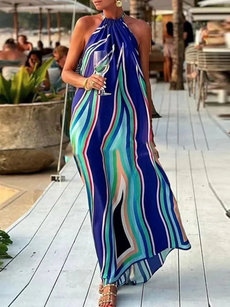 Maxy Lemongrove Summer Sleeveless Colorful Striped Halter-Neck Beach Dress For Women New Fashion Sleeveless Party Evening Dresses