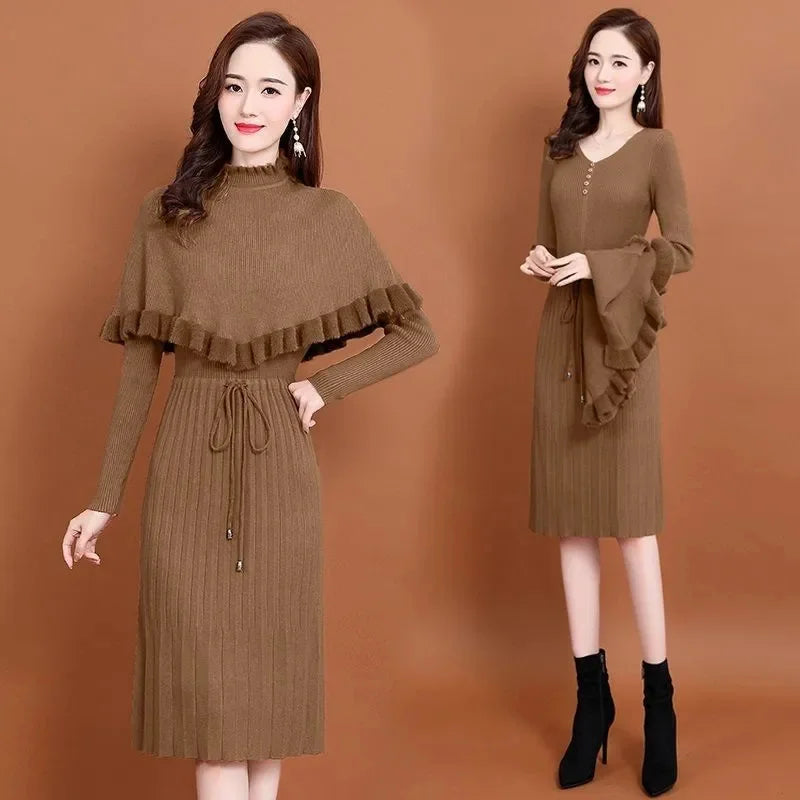 Maxy New Fashion Autumn Winter Women Long Sweater Dress Pullovers Warm Knitted Pullover Dresses + Sweaters Vest Two Pieces Set