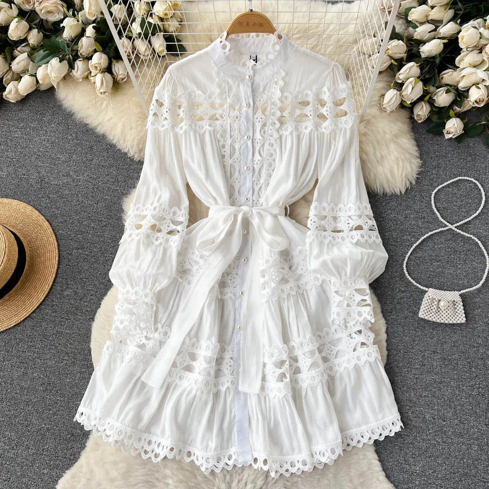 Maxy New style boho style standing collar hollowed out single breasted dress spring wear, women's lace up and hollowed out dress