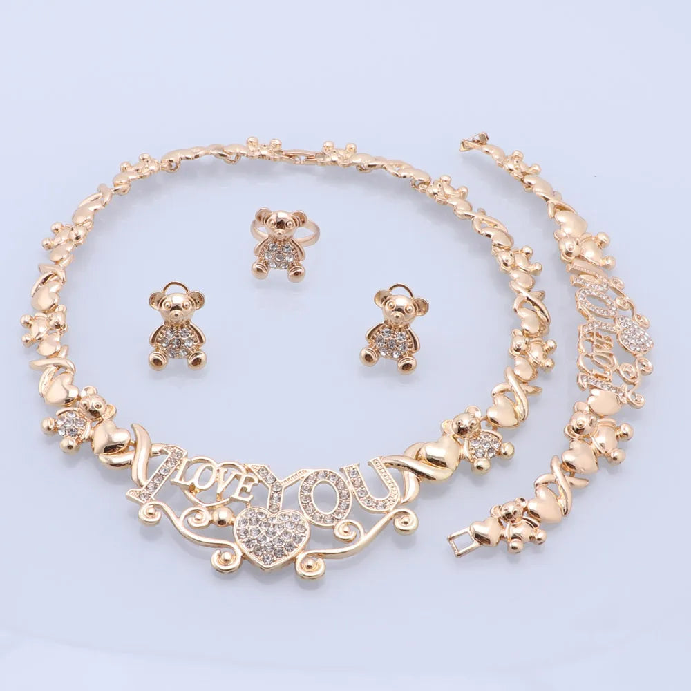 Maxy Gold Color for Women Party Wedding Gifts Heart, I Love You Pendant Necklace Earrings Ring Bracelet Jewelry Sets