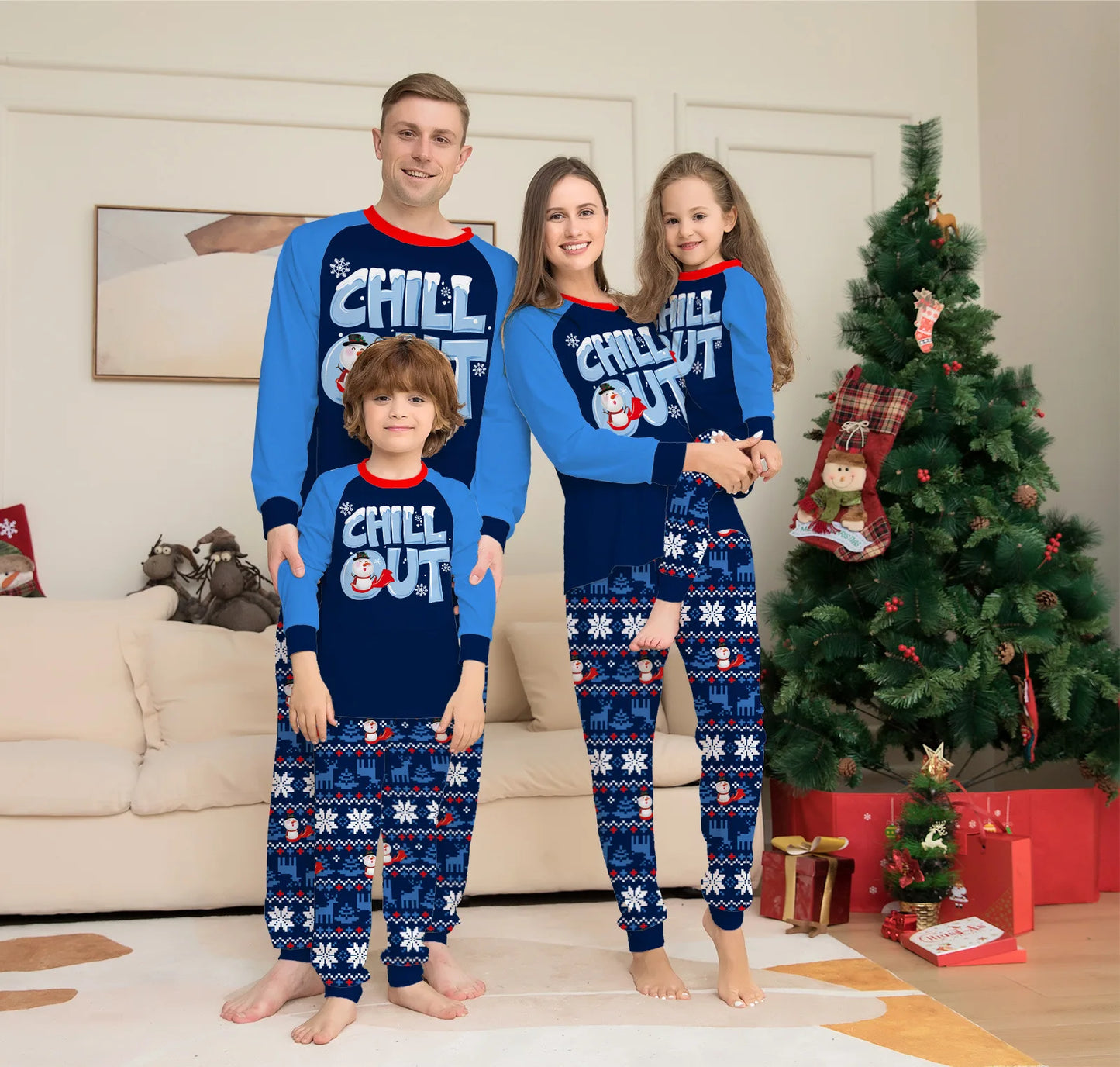 Christmas Pajamas Family Set Blue Printed Family Matching Christmas Pajamas Couples Women Men Kids Boy Girls Christmas Pjs Set