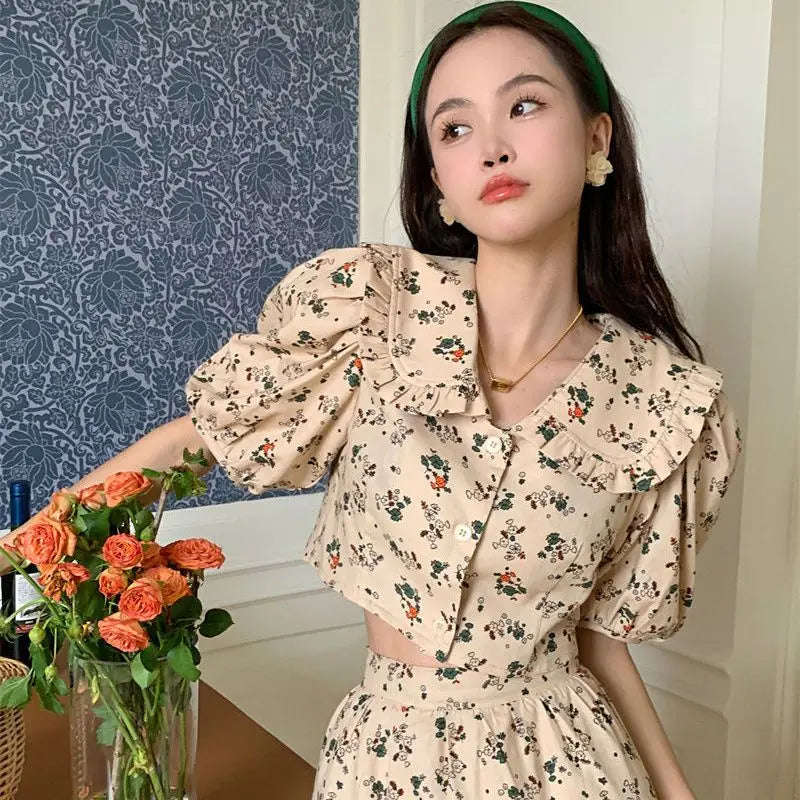 Maxy Vintage Floral Two Piece Set Women Elegant Cropped Top Slim A-line Long Skirt Sets Female Casual Sweet Printing Party Skirt Set