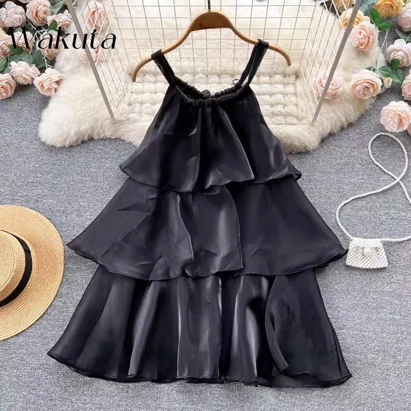 WAKUTA Summer Elegant Neck Hanging Sleeveless Ruffle Edge Dresses Casual Patchwork Ruffle Edge Sweet Cake Vestido Elegante Mujer