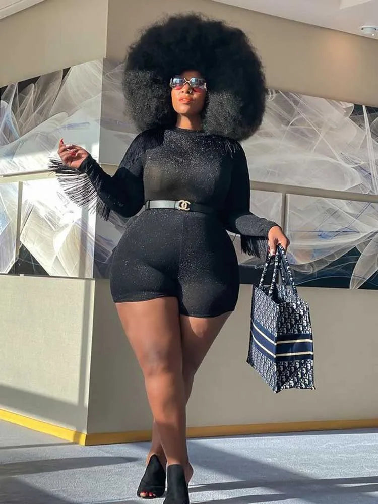 Maxy Plus Size Women Jumpsuits Fall Jumpsuit Long Elegant Party One Piece Outfits Tassel Shine Jumpsuit Ladies Romper Shorts Stretchy