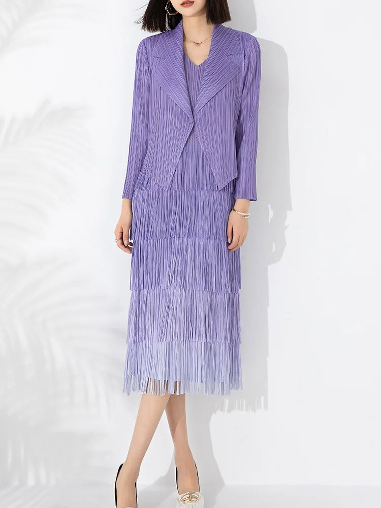 Maxy Boutique MIYAKE Pleated Style Set Large Gradient Color Overlay with Tassel Dress and Suit Small Coat Two Pieces [20230416]