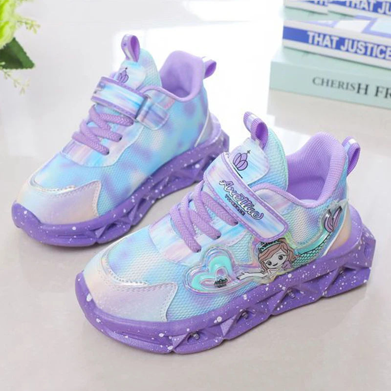 Maxy Children's Sports Shoes with Lights Cute Cartoon Mermaid Girls Sneakers Led Luminous Light Running Shoes Leather Toddler Shoes