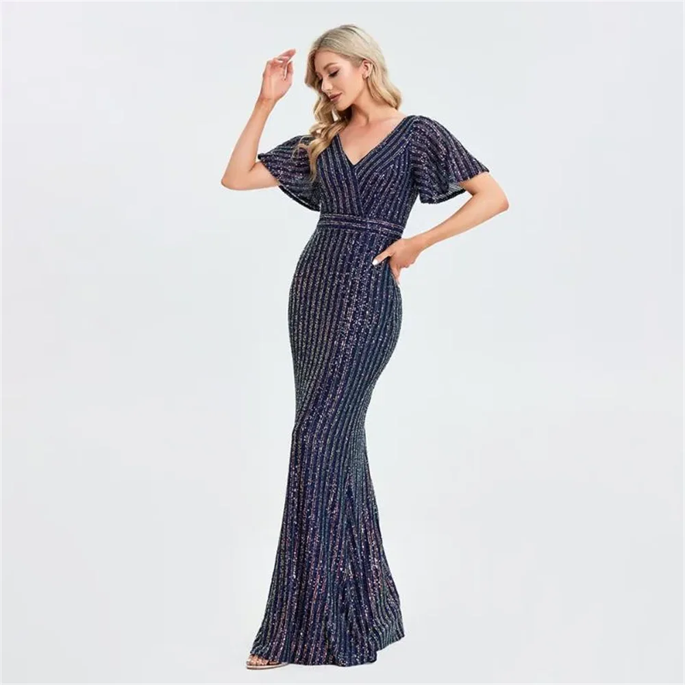 Maxy Party Dresses Short Ruffe Sleeve Evening Dress Shinning Sequins V-neck Floor Length Mermaid Robes Women Gowns
