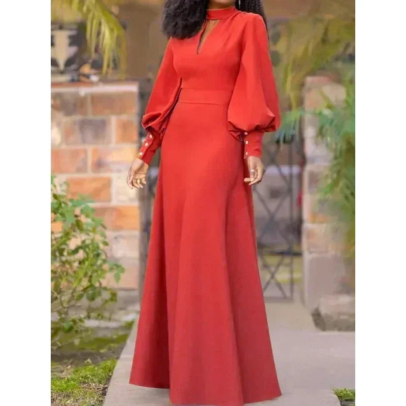 Maxy New Spring Women's Party Evening Maxy Dresses Puff Sleeves Buttoned Stand collar Hollow Elegant Red Banquet Dress