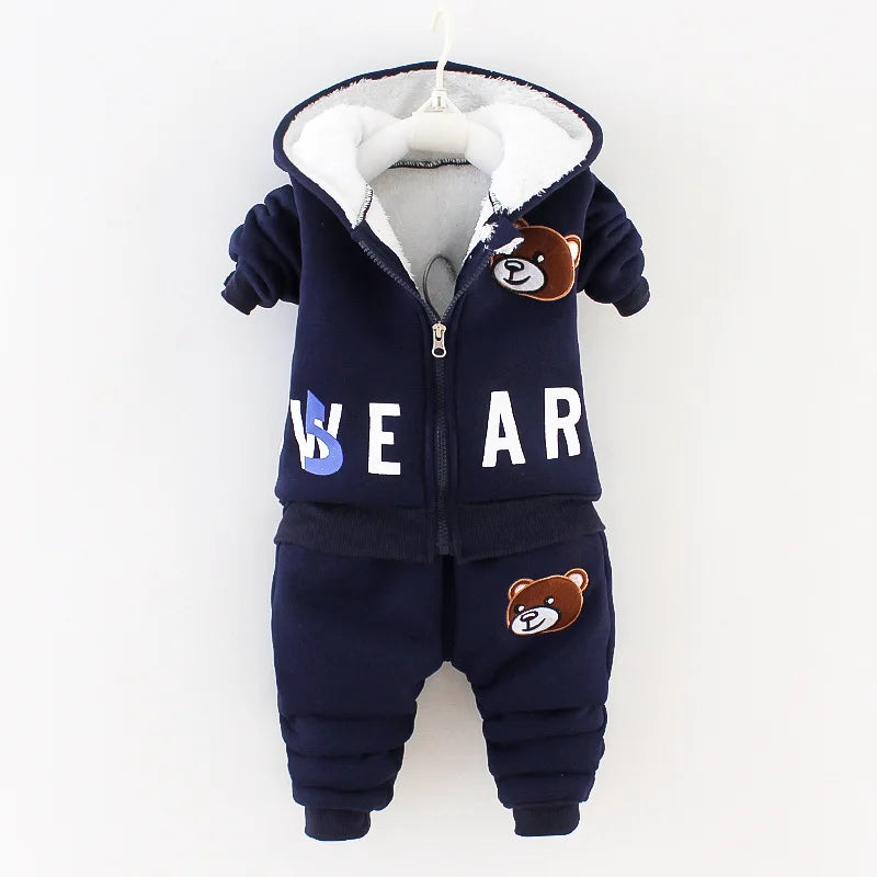 Winter Baby Boys Clothing Sets 2023 Cartoon Toddler Boys Girls Warm Hooded Coats Pants Suit Kids Thick Tracksuit Clothes Set