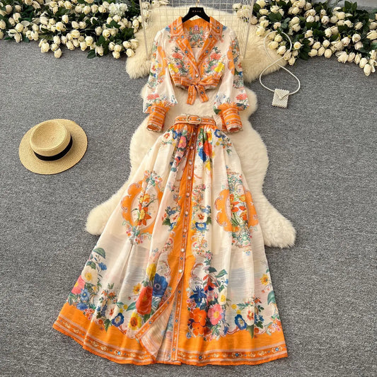 Maxy Elegant Floral Dress 2 Piece Skirt Sets Women Summer Autumn Palace Crop Top Print Shirt A Line Long Skirts Beach Outfit
