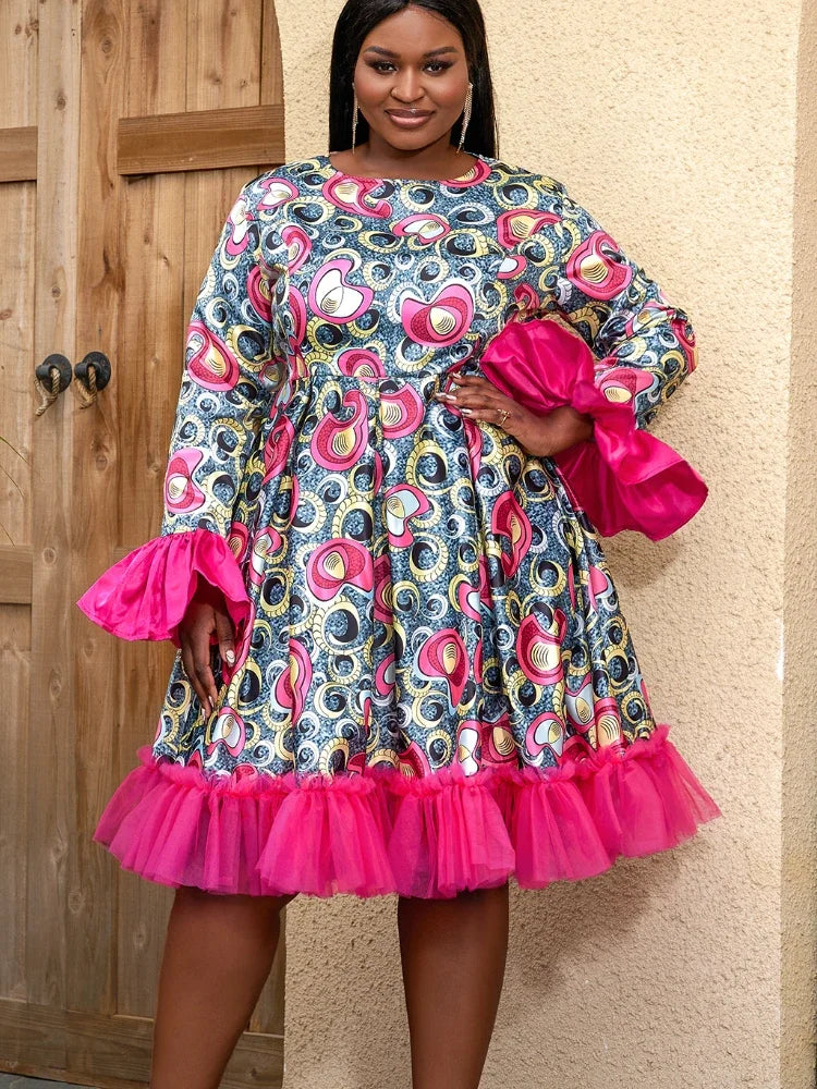 Maxy Big Size Print Dress Women Pleated Vintage Flare Sleeve Ruffle A Line Satin Sweet Fall Party Ball Gowns African Ladies Gowns