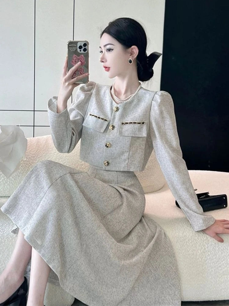 Maxy Korean Fashion Long Dress Set Women Vintage Elegant Office Lady Chic Skirt Sets Female Spring Casual Slim Evening Party Sets