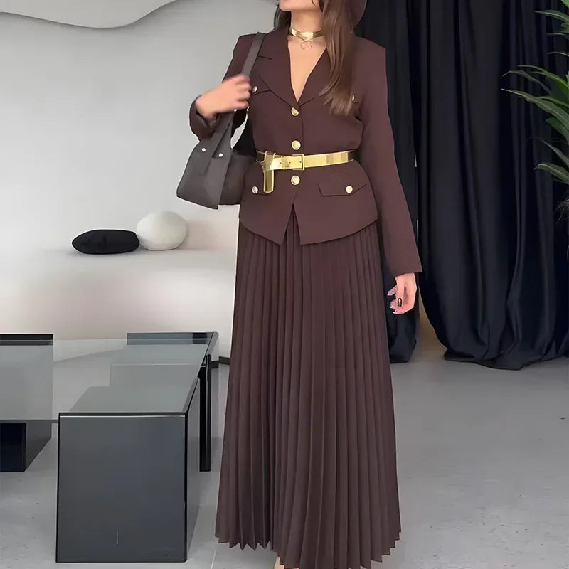 Maxy Women's Two Pieces Set Blazer Lady Pleated Long Dress Spring New in Matching Sets Button Temperament Elegant Women's Sets