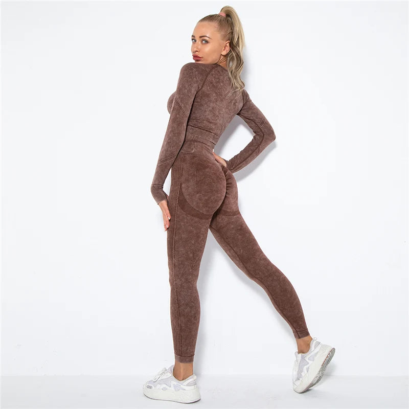 Seamless Sports Suits Women O-neck Crop Tops Long Sleeve Push Up Leggings Sets Gym Wear Summer Two Pieces Sets Tracksuit Feamle